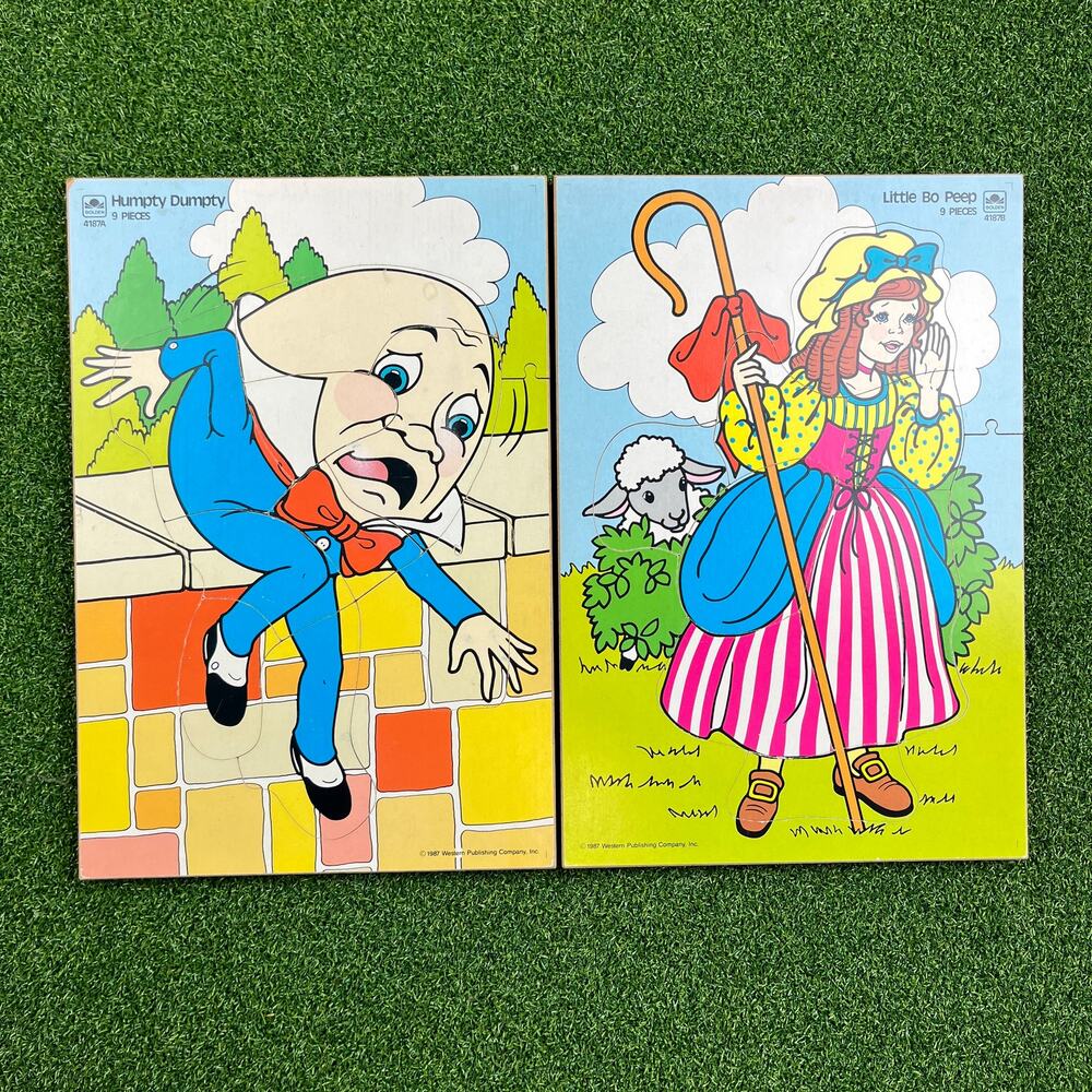 VTG Lot 1987 Wooden Puzzles 9 Pieces Humpty Dumpty Little Bo Peep